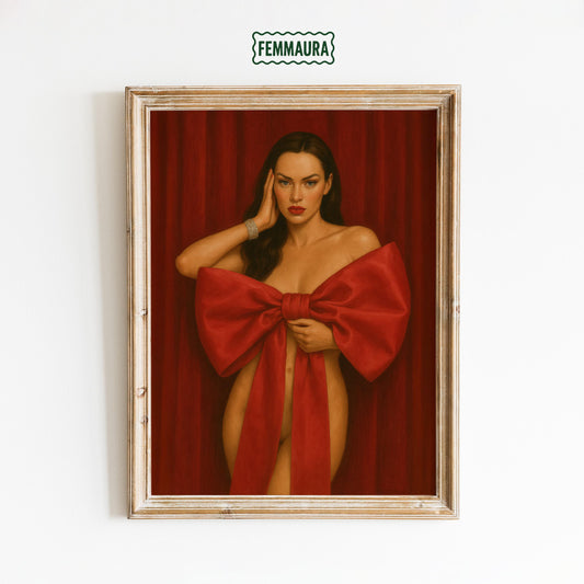 Sensual Vintage Poster – Red Bow Artwork | Bold Woman Feminine Wall Art
