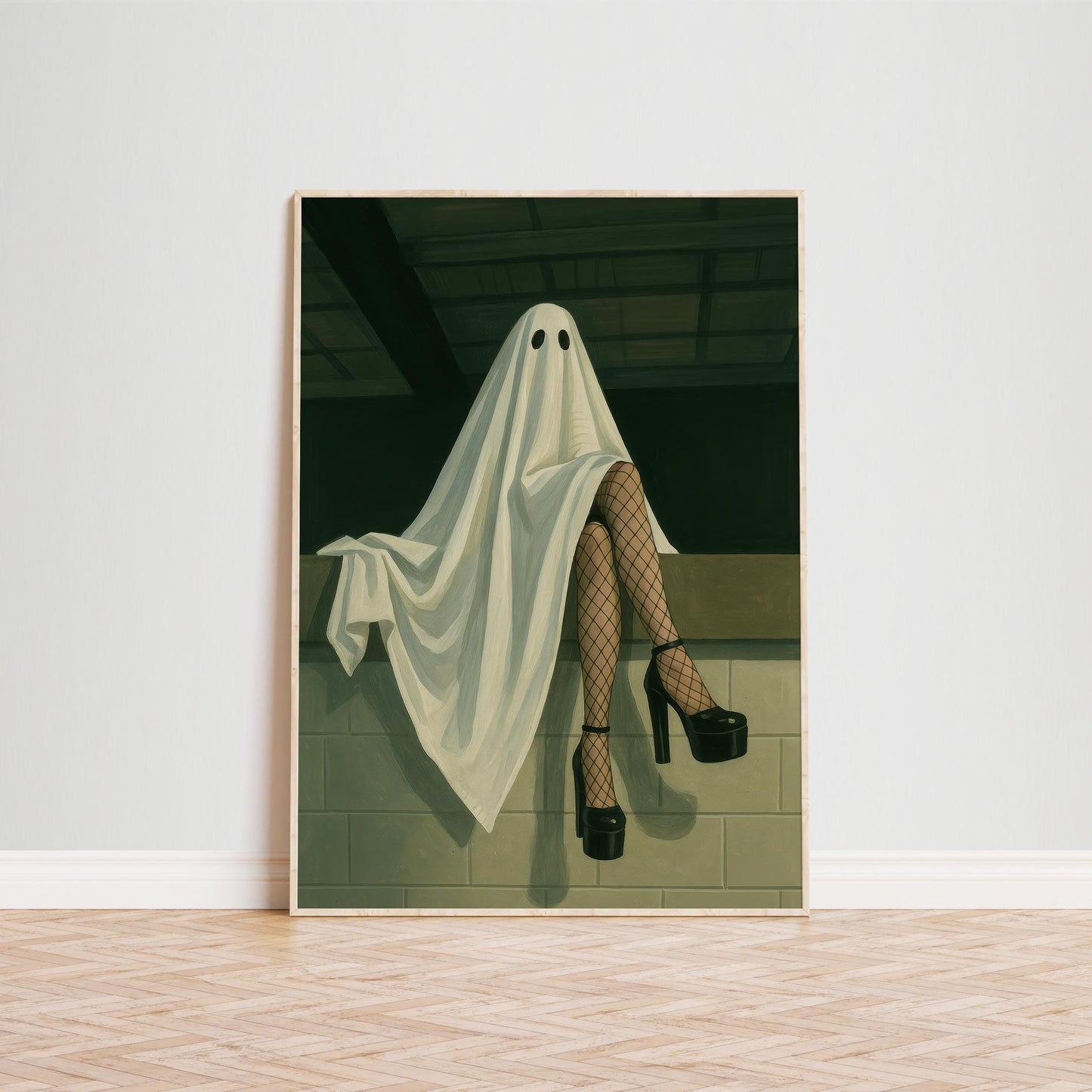 Gothic Wall Art – Surreal Ghost Print With Fishnet Stockings & Black Heels