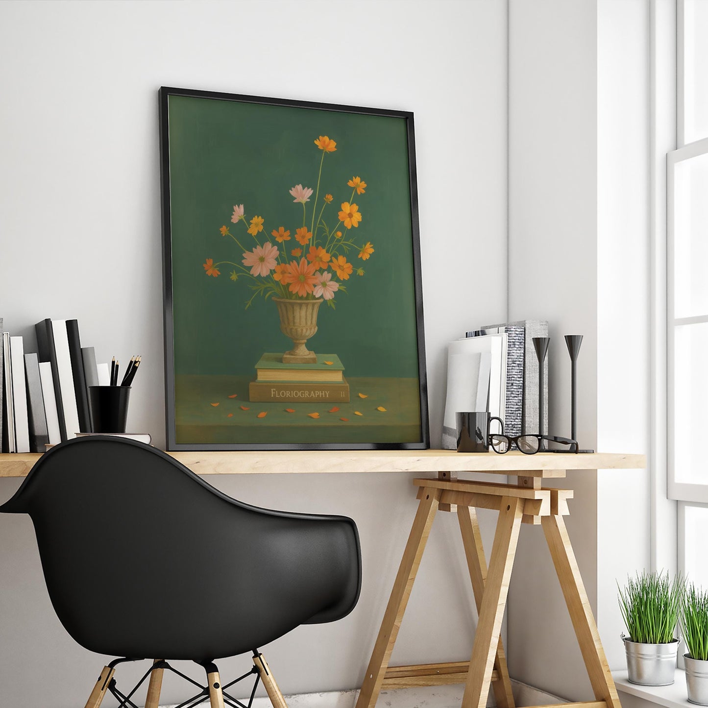 Vintage Botanical Wall Art – Floral Vase Poster With Orange Pink Flowers