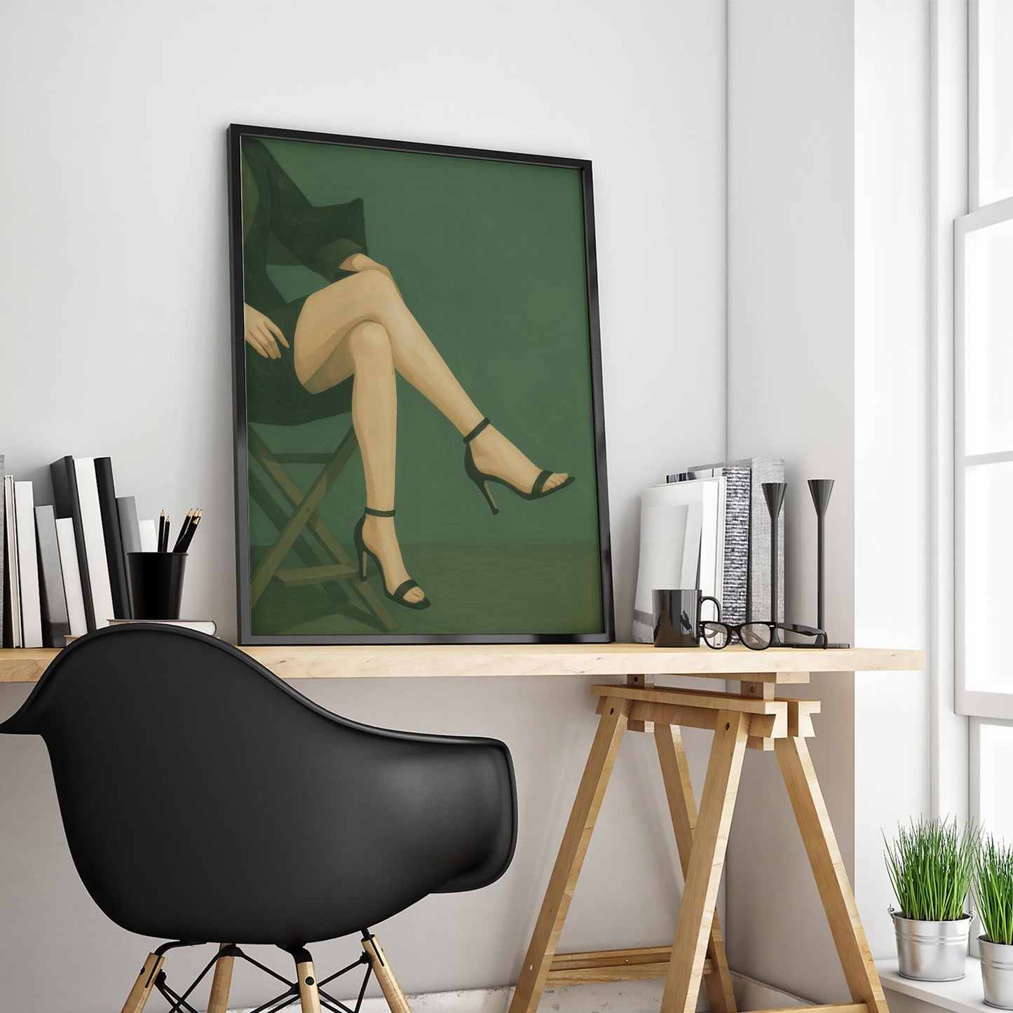 Feminine Minimalist Wall Art – Crossed Legs Poster in Green Fashion Print