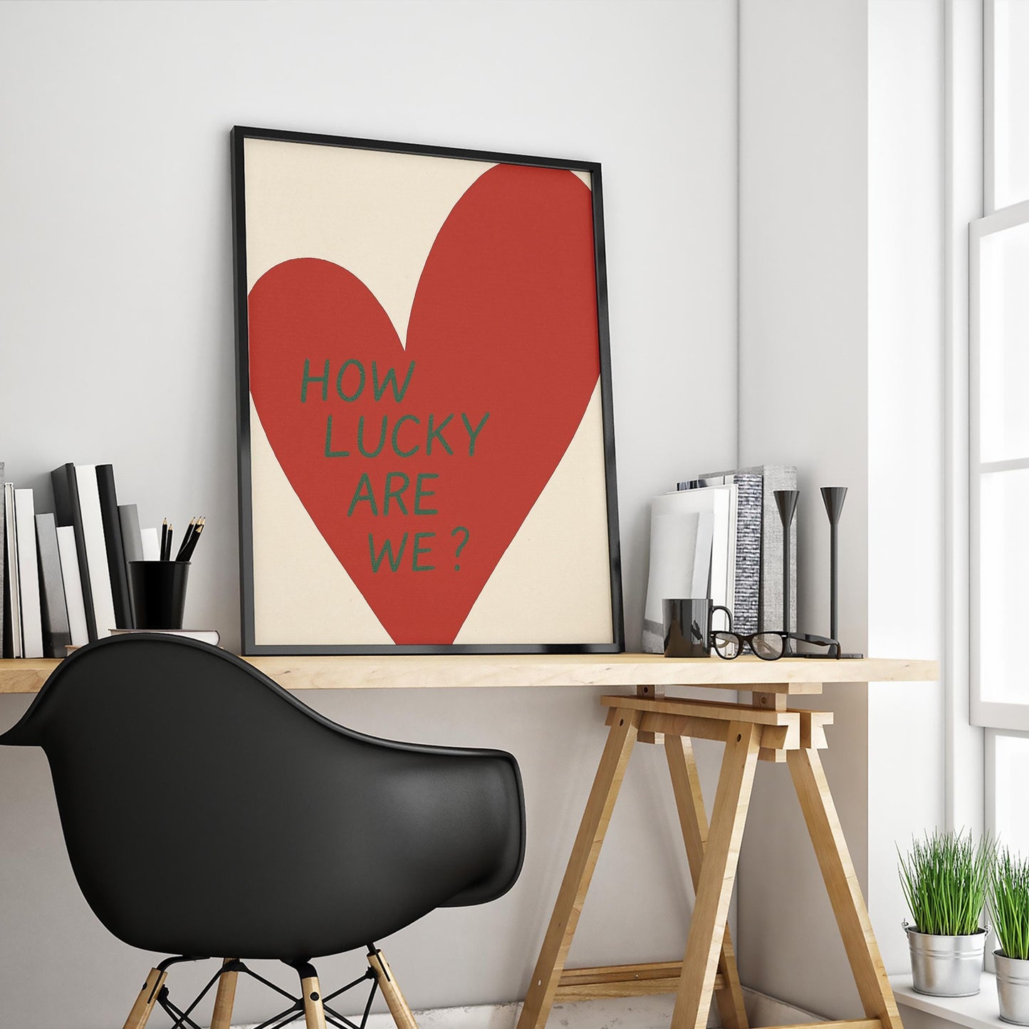 How Lucky Are We Poster – Bold Red Heart Minimal Love Wall Art