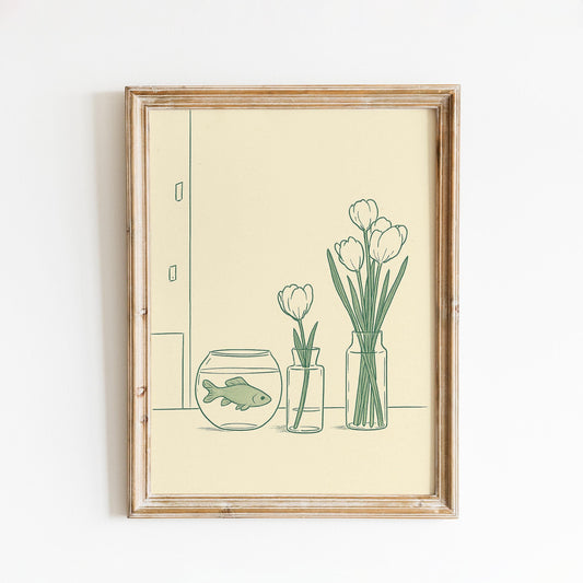 Goldfish and Tulips Poster – Minimal Green Line Art for Calm Interiors