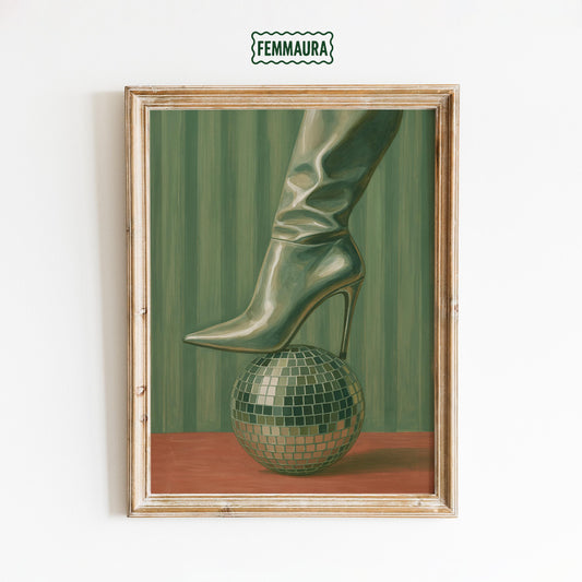 Disco Ball Poster – Retro Fashion Print With Stylish Boot Artwork & Feminist Wall Art