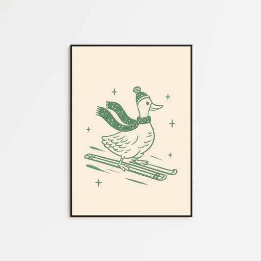Skiing Duck Poster – Winter Minimal Line Art Wall Print