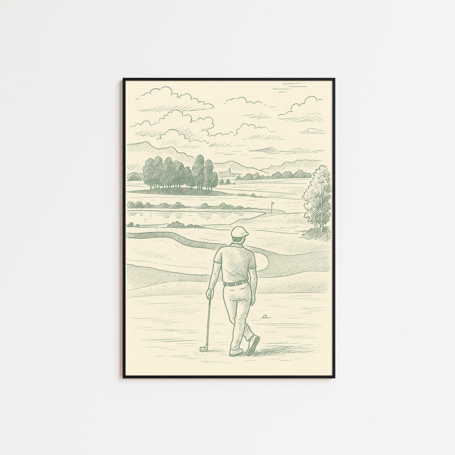 Golf Landscape Poster – Minimal Vintage Green Line Art for Sport Lovers