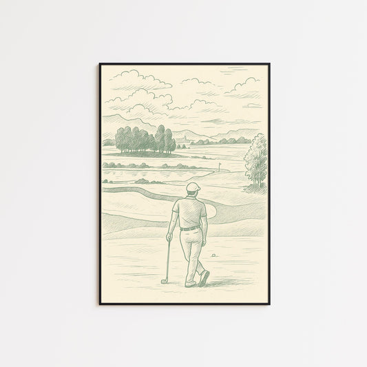 Golf Landscape Poster – Minimal Vintage Green Line Art for Sport Lovers