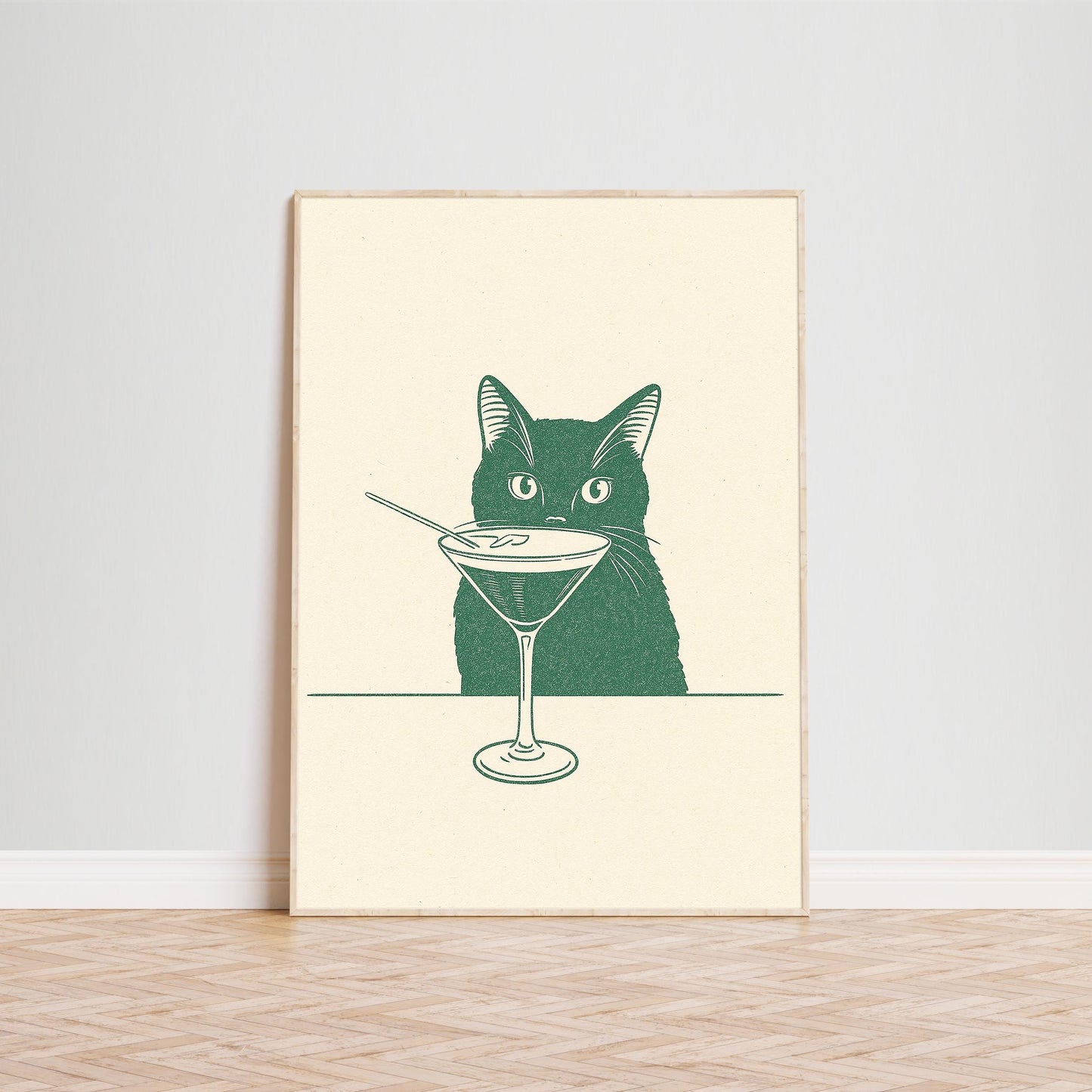 Cat Martini Poster – Retro Bar Art | Minimalist Vintage Cat Print