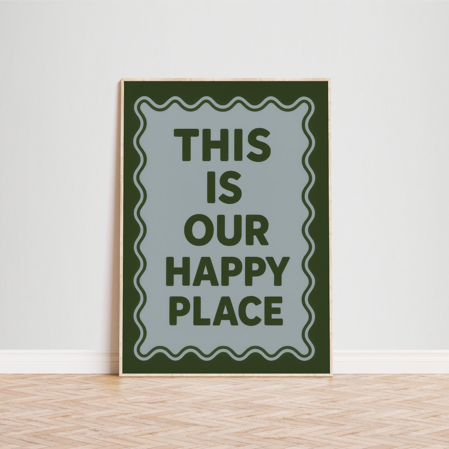 Retro Quote Print – Cozy Happy Place Poster With Wavy Frame Design