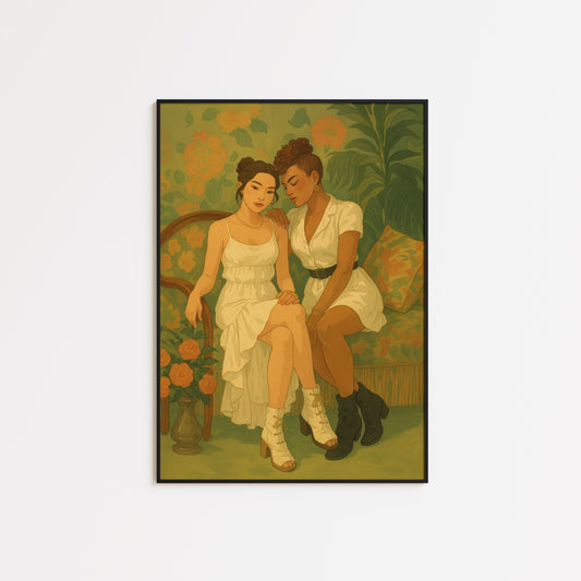 Lesbian Wall Art – Queer Couple Print With Feminine Vintage Floral Intimacy