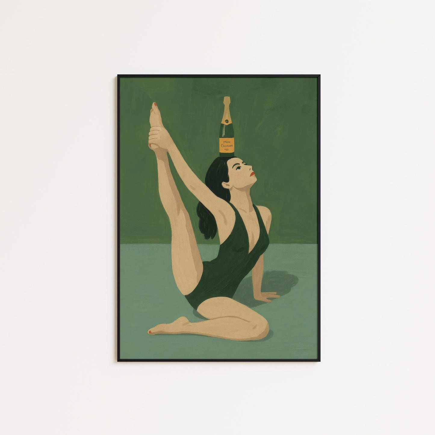 Champagne Balance Yoga Art – Retro Woman Poster | Green Wall Decor
