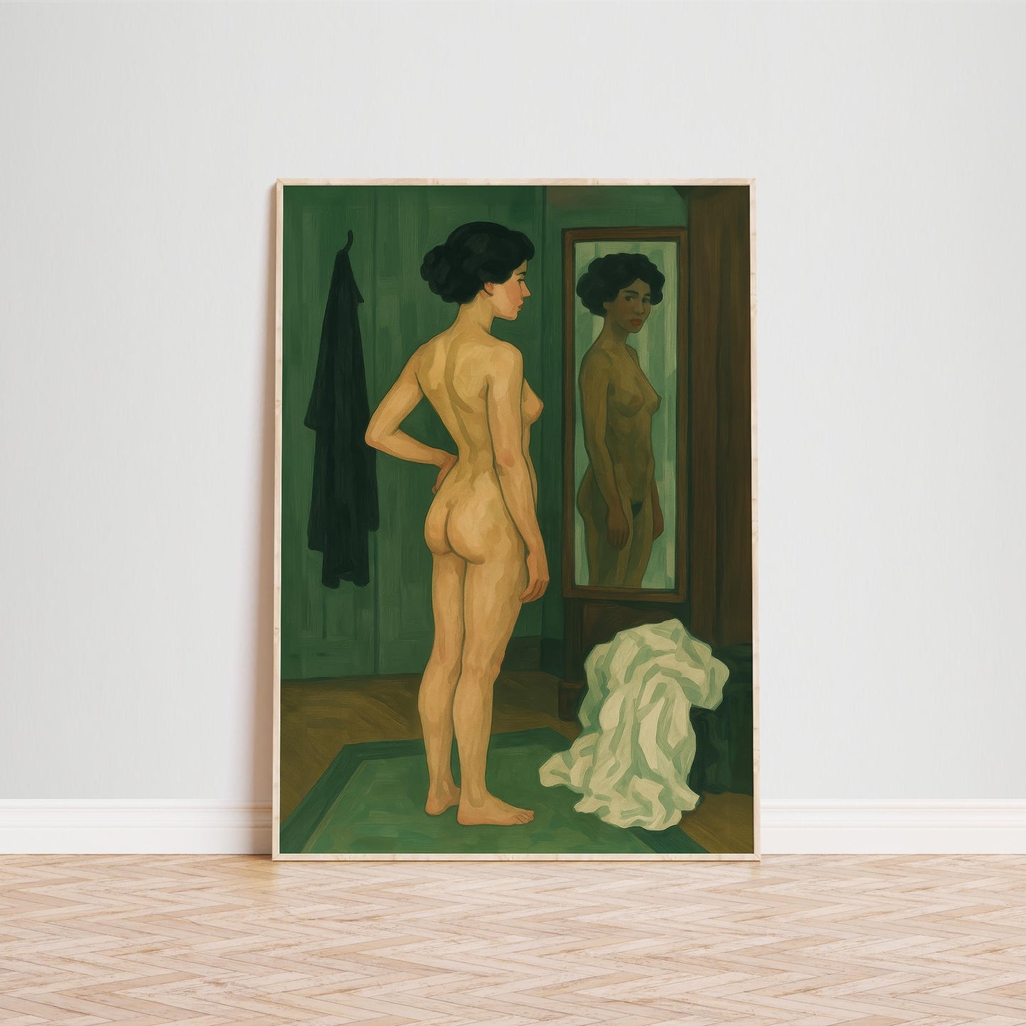 Feminine Nude Wall Art – Moody Green Decor | Elegant Reflective Poster