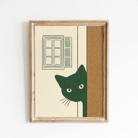 Peeking Cat – Minimal Line Art Poster, Cozy Vintage Home Wall Decor