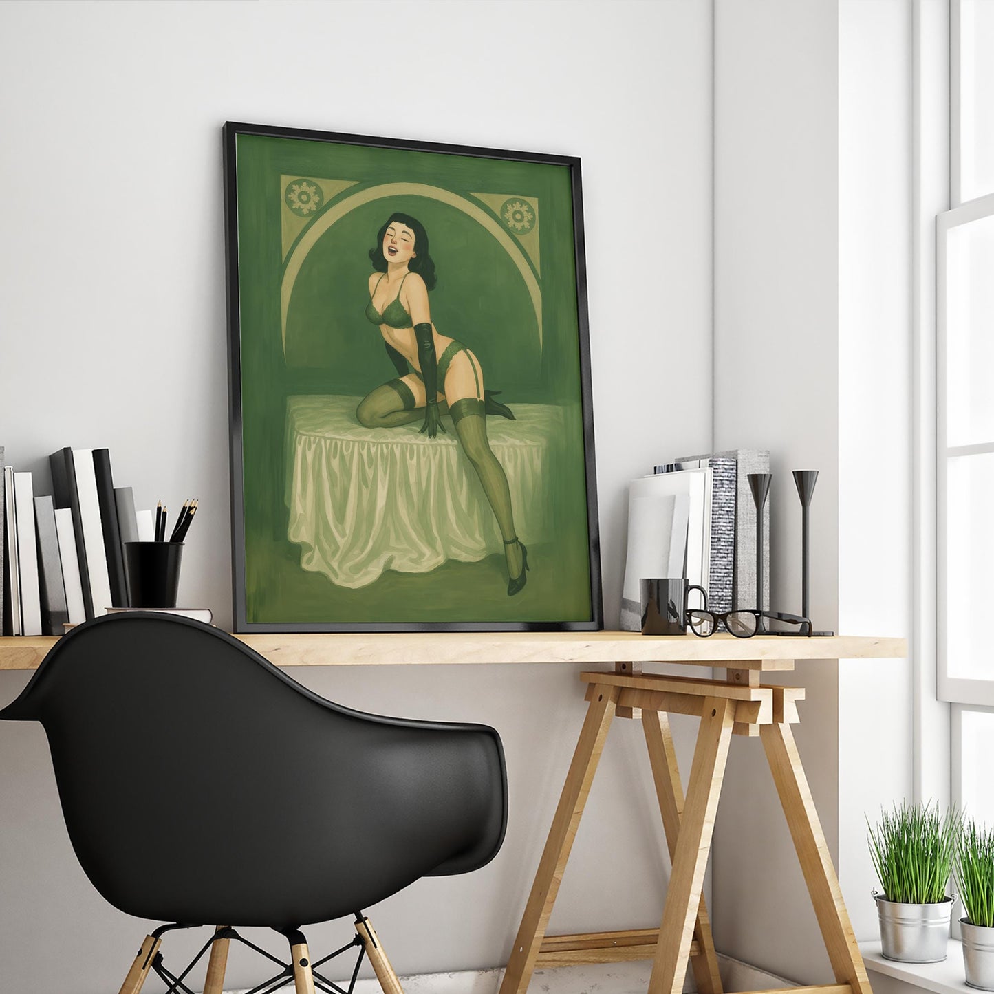Vintage Pin Up Art – Retro Glamour Illustration | Green Lingerie Print