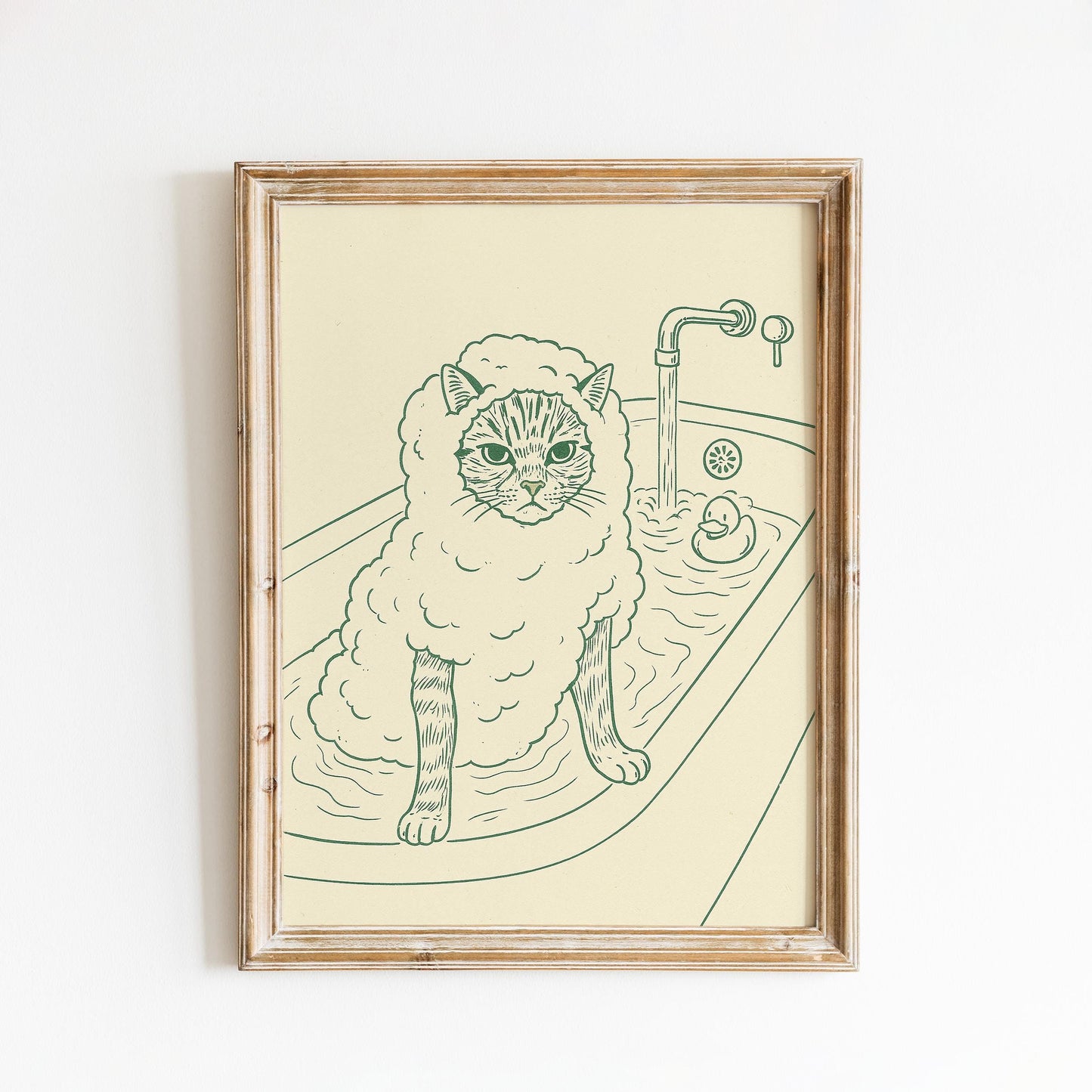 Cat in Bath Line Art Print – Minimalist Bathroom Wall Art, Funny Animal Poster