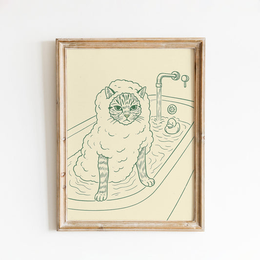 Cat in Bath Line Art Print – Minimalist Bathroom Wall Art, Funny Animal Poster