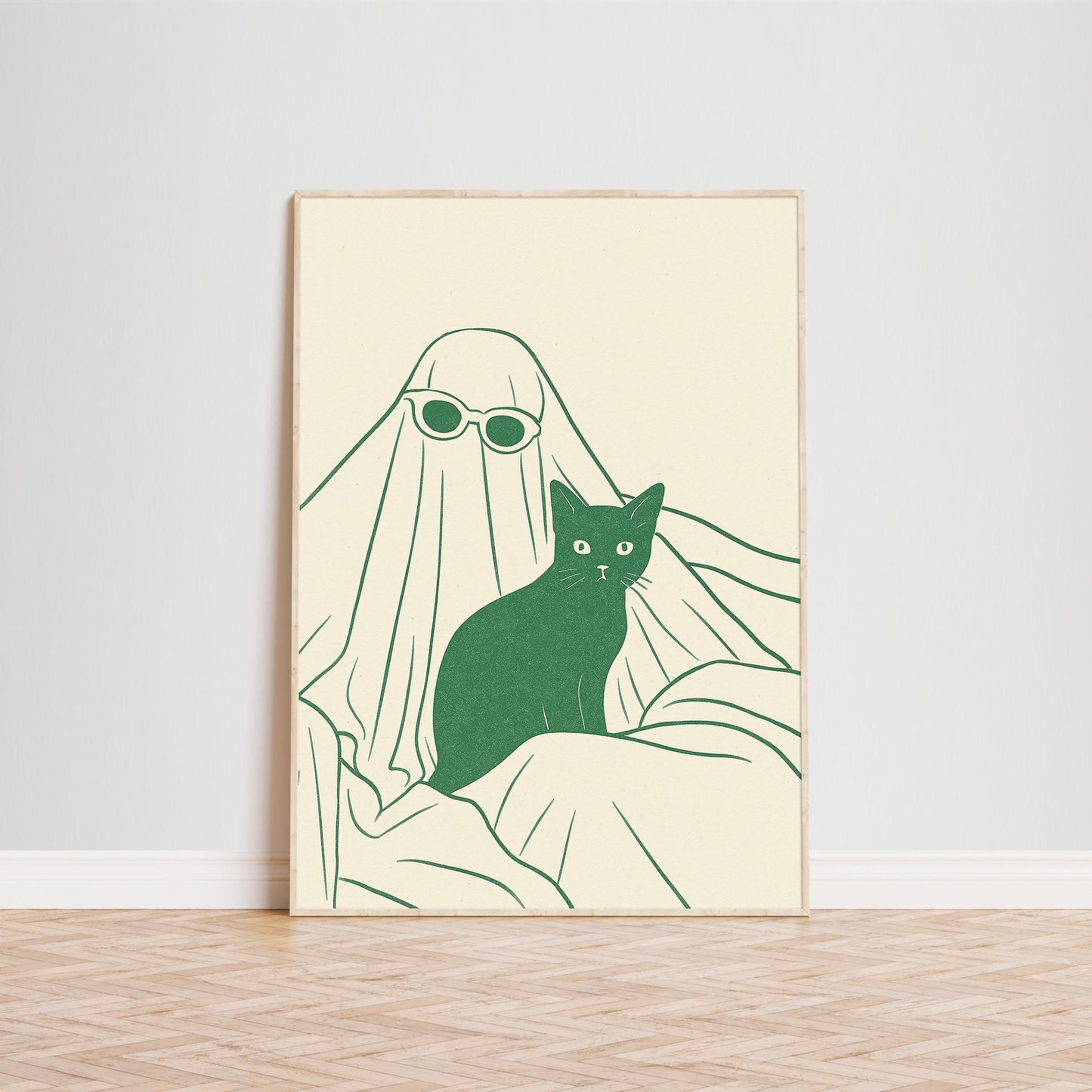 Ghost and Cat Poster – Minimal Spooky Chic Line Art Print
