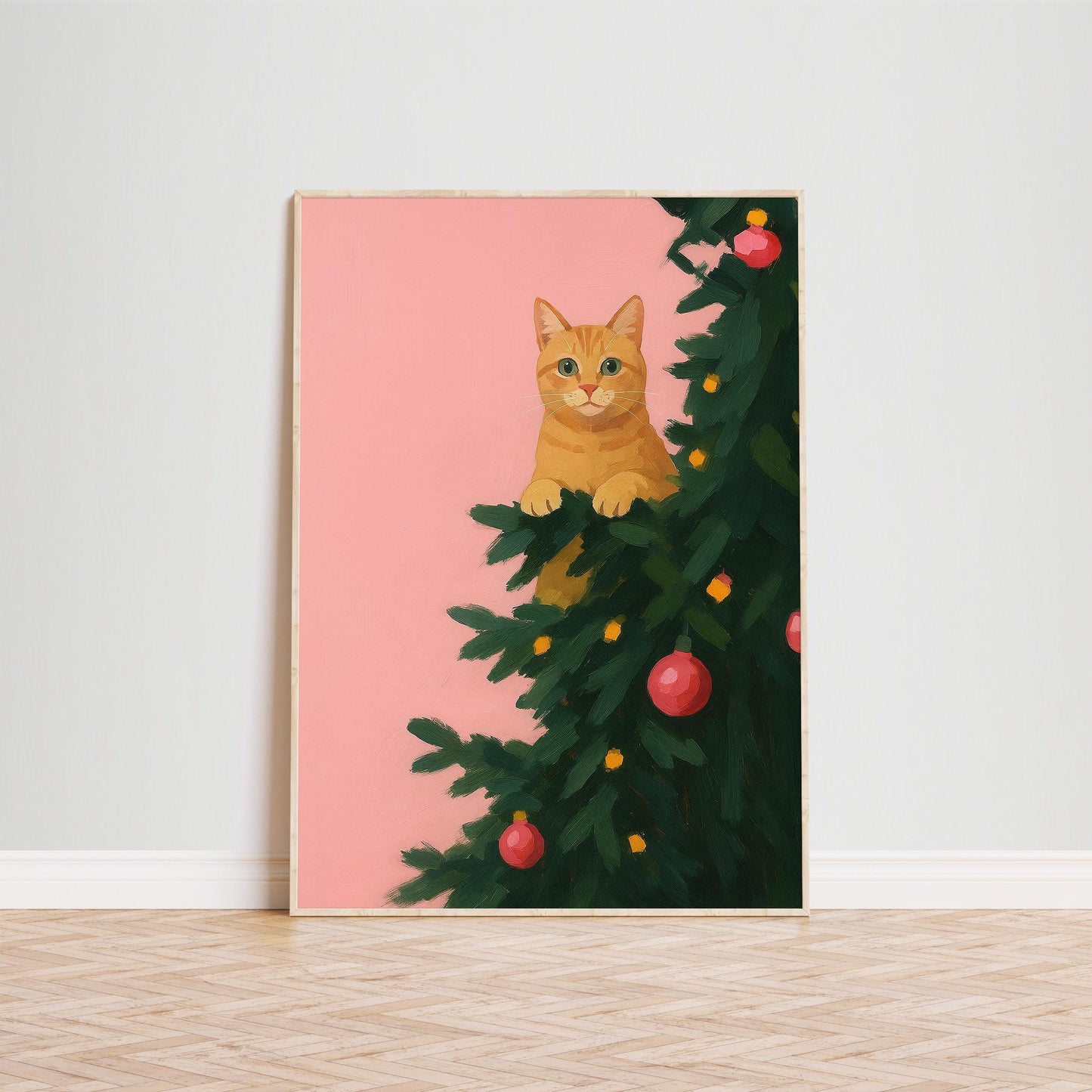 Christmas Cat Poster – Pink Retro Art | Cozy Holiday Wall Decor Gift