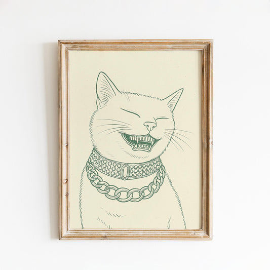 Laughing Cat Poster – Funny Line Art Print, Retro Minimal Animal Illustration
