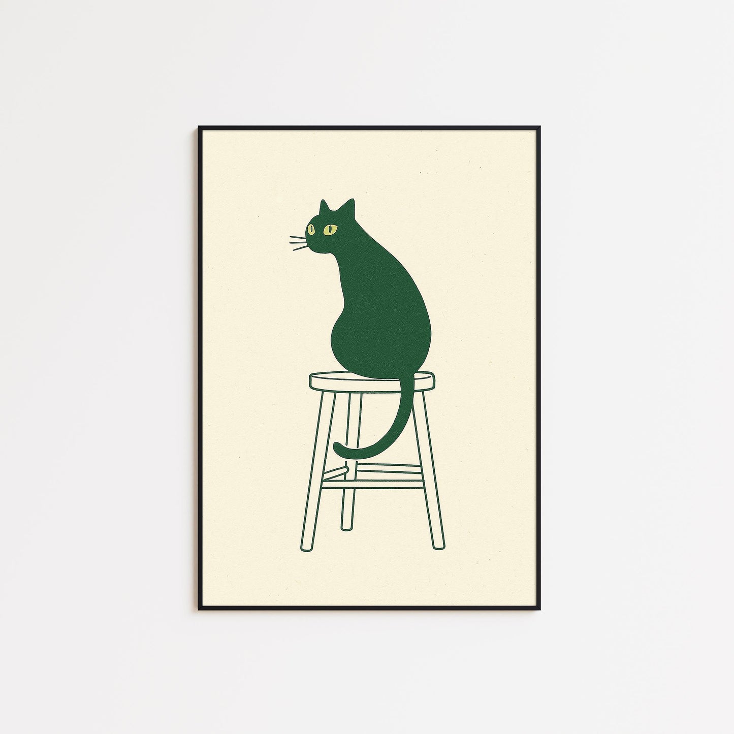 Minimal Cat on Stool – Scandinavian Line Art Poster, Cozy Neutral Wall Print