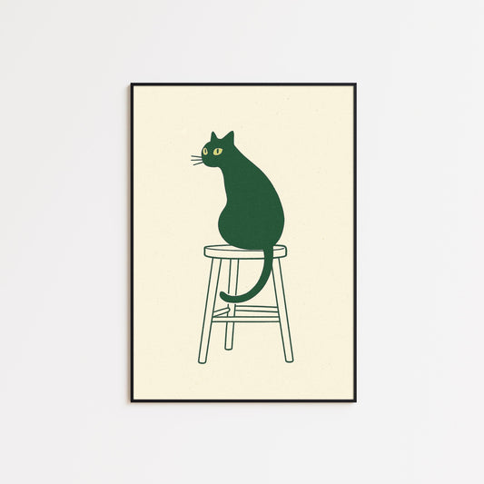Minimal Cat on Stool – Scandinavian Line Art Poster, Cozy Neutral Wall Print