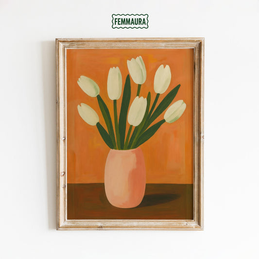 White Tulips Wall Art – Vintage Floral Print With Terracotta Vase Decor