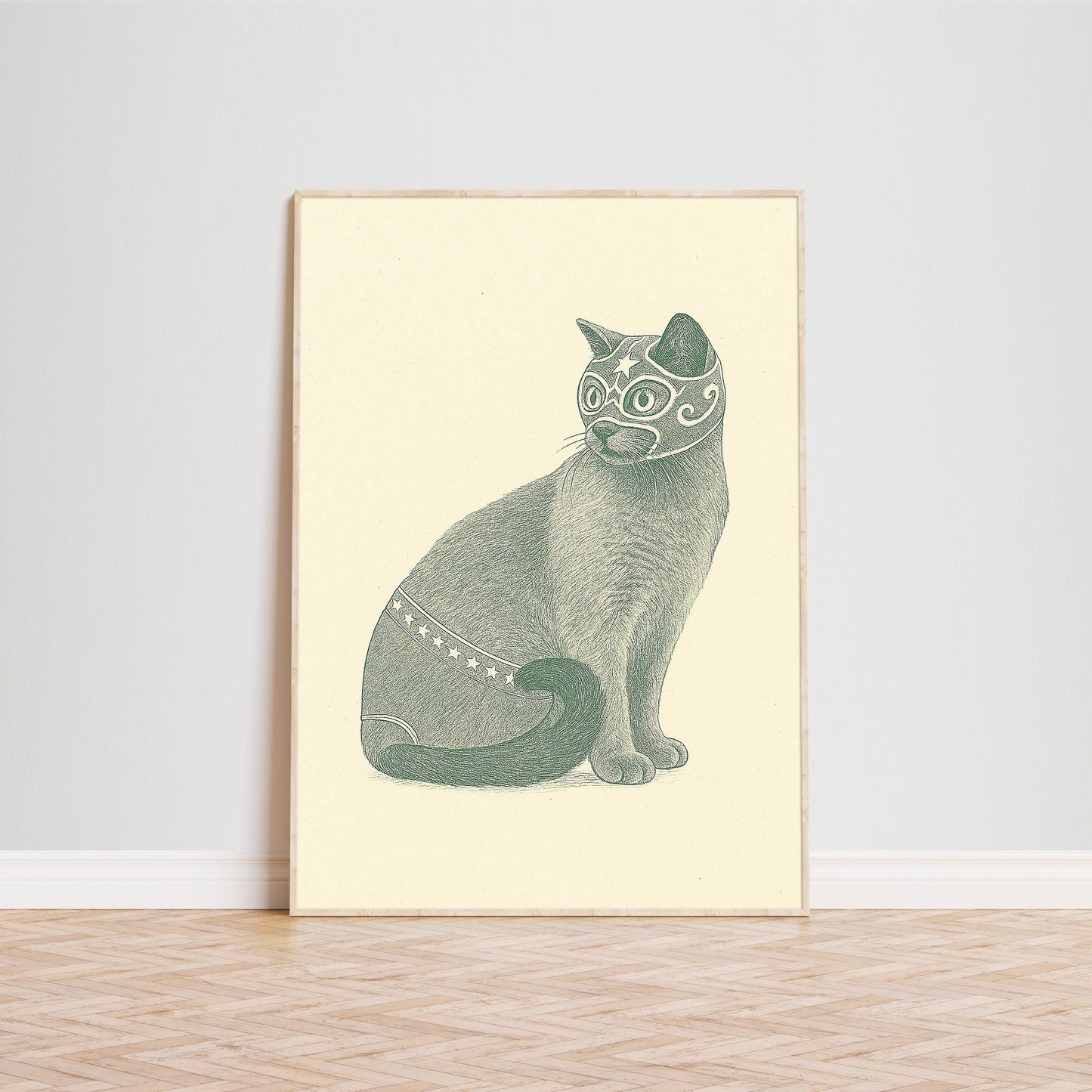 Luchador Cat Poster – Vintage Mexican Wrestler Cat Print, Whimsical Animal Wall Art