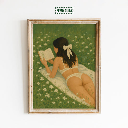 Feminine Wall Art – Reading Girl Print | Cozy Meadow & Romantic Bedroom Decor