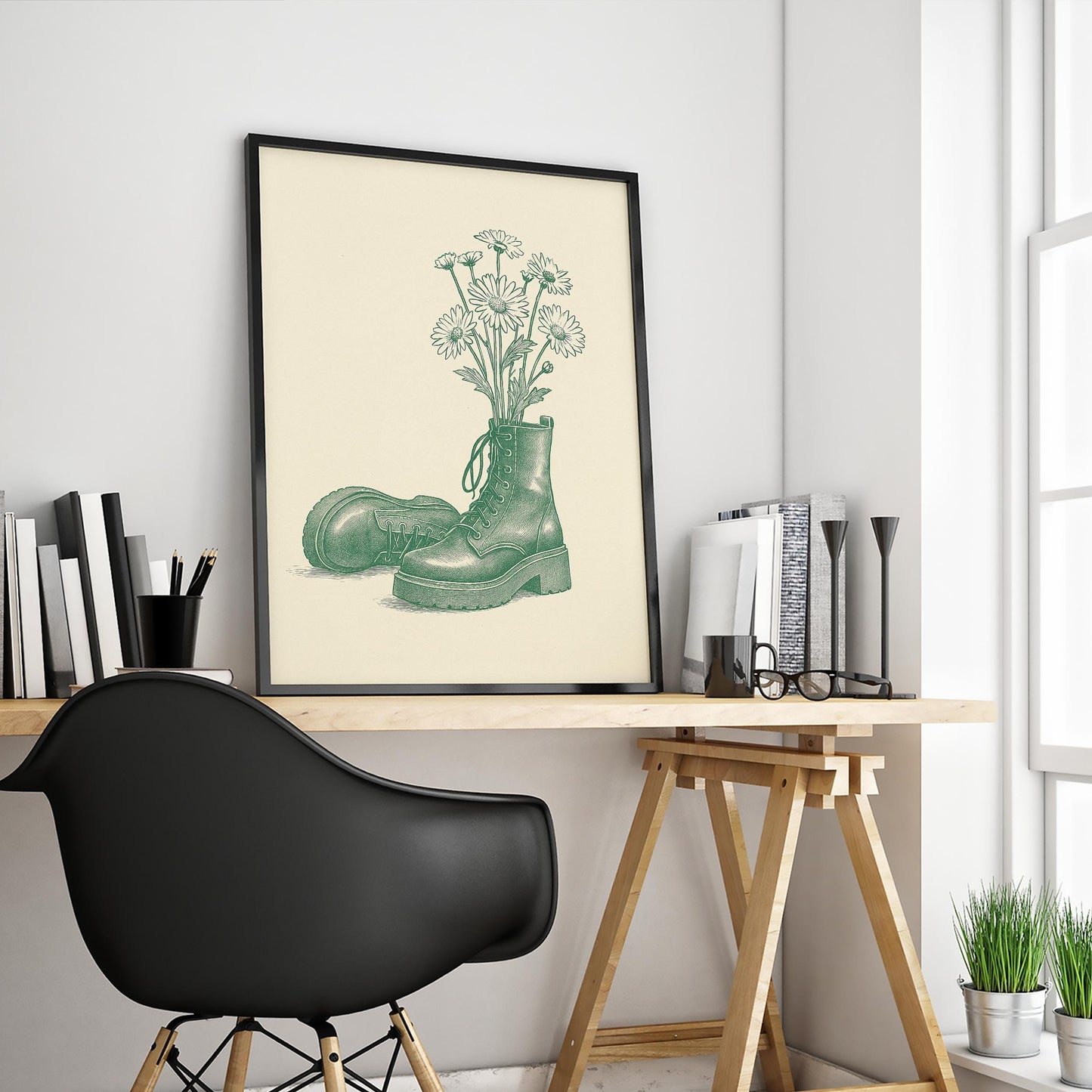 Boots and Daisies Poster – Feminine Strength Minimal Line Art