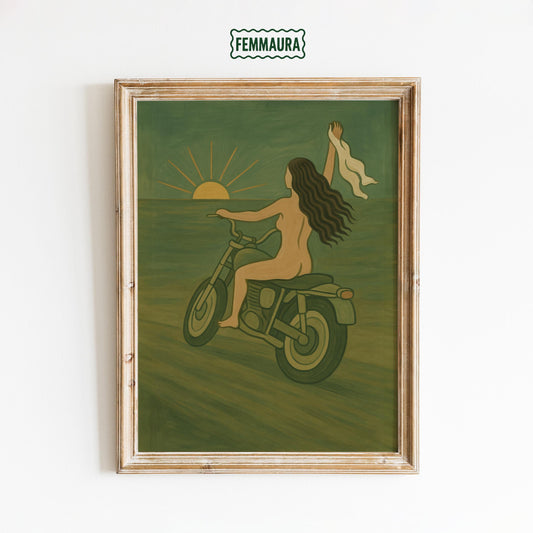 Motorcycle Sunset Poster – Nude Woman Artwork | Retro Biker Wall Decor