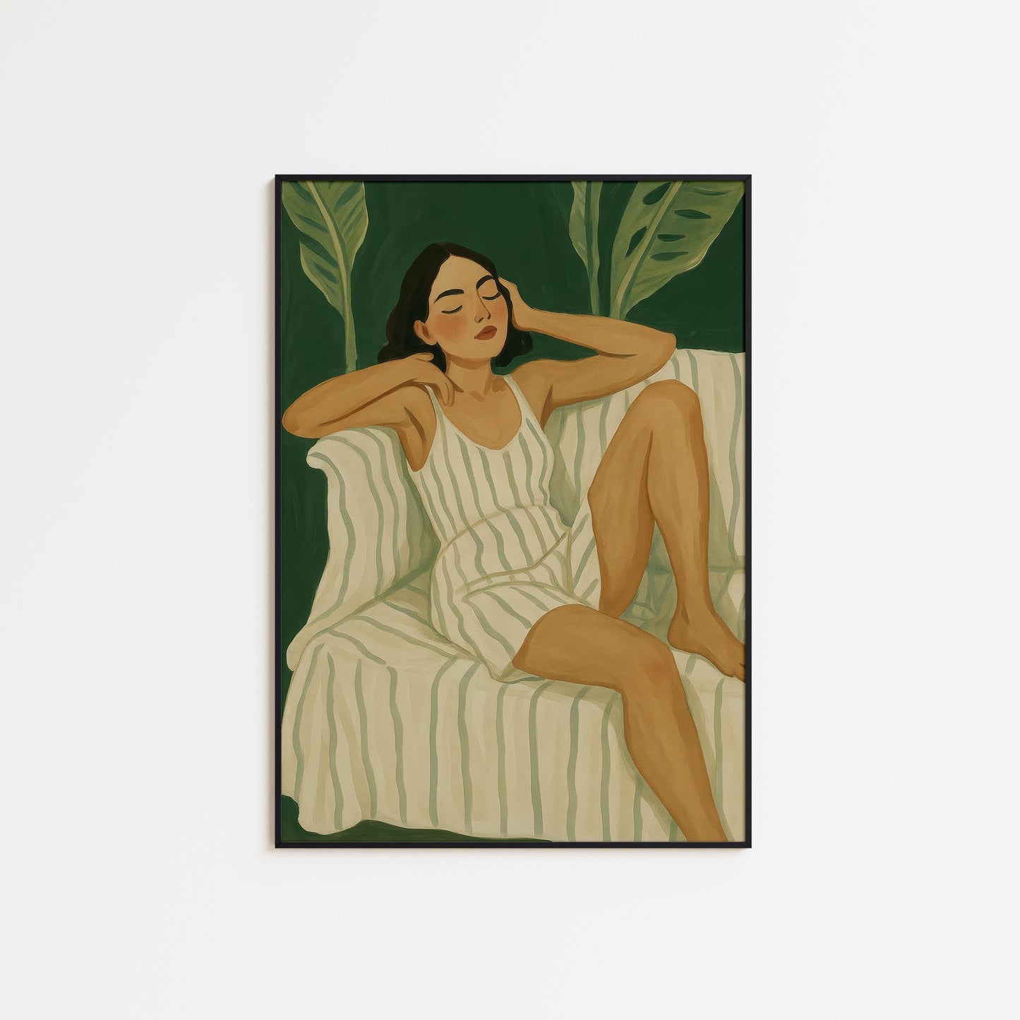 Relaxed Woman Art Print – Striped Dress Cozy Room Decor | Serene Green Botanical Wall