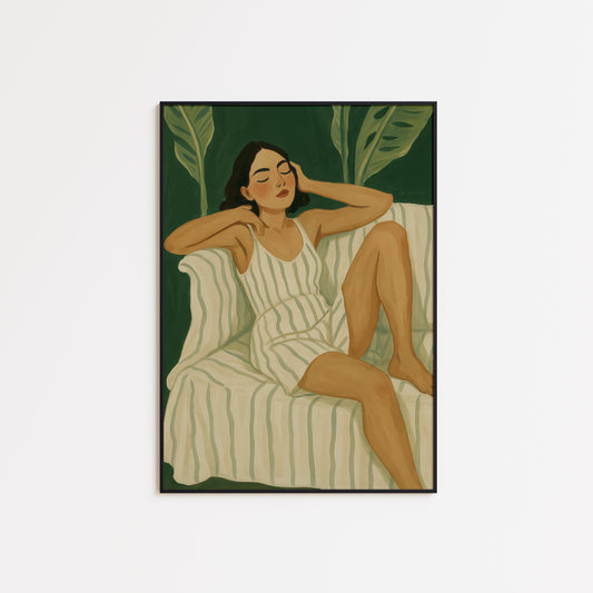 Relaxed Woman Art Print – Striped Dress Cozy Room Decor | Serene Green Botanical Wall