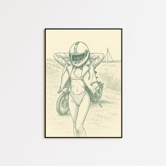 Biker Girl Line Art Poster – Feminine Strength Wall Art, Vintage Motorcycle Illustration