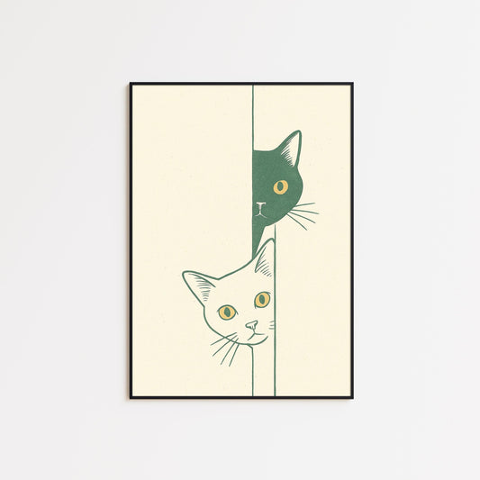 Curious Cats – Minimal Line Art Poster, Playful Duo Wall Print