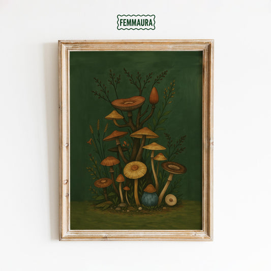 Mystic Mushrooms Art Print – Vintage Green Botanical Wall Art | Cottagecore Poster