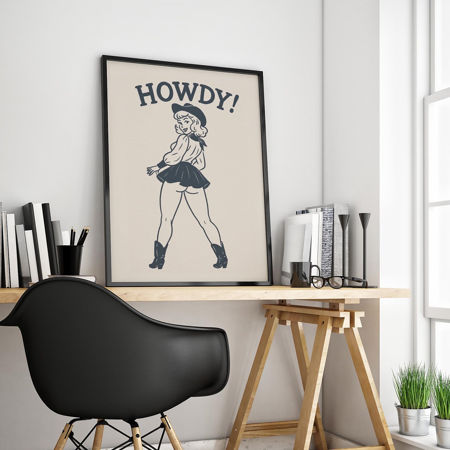 Howdy Cowgirl Print – Retro Western Pin-Up Poster for Bold Wall Decor
