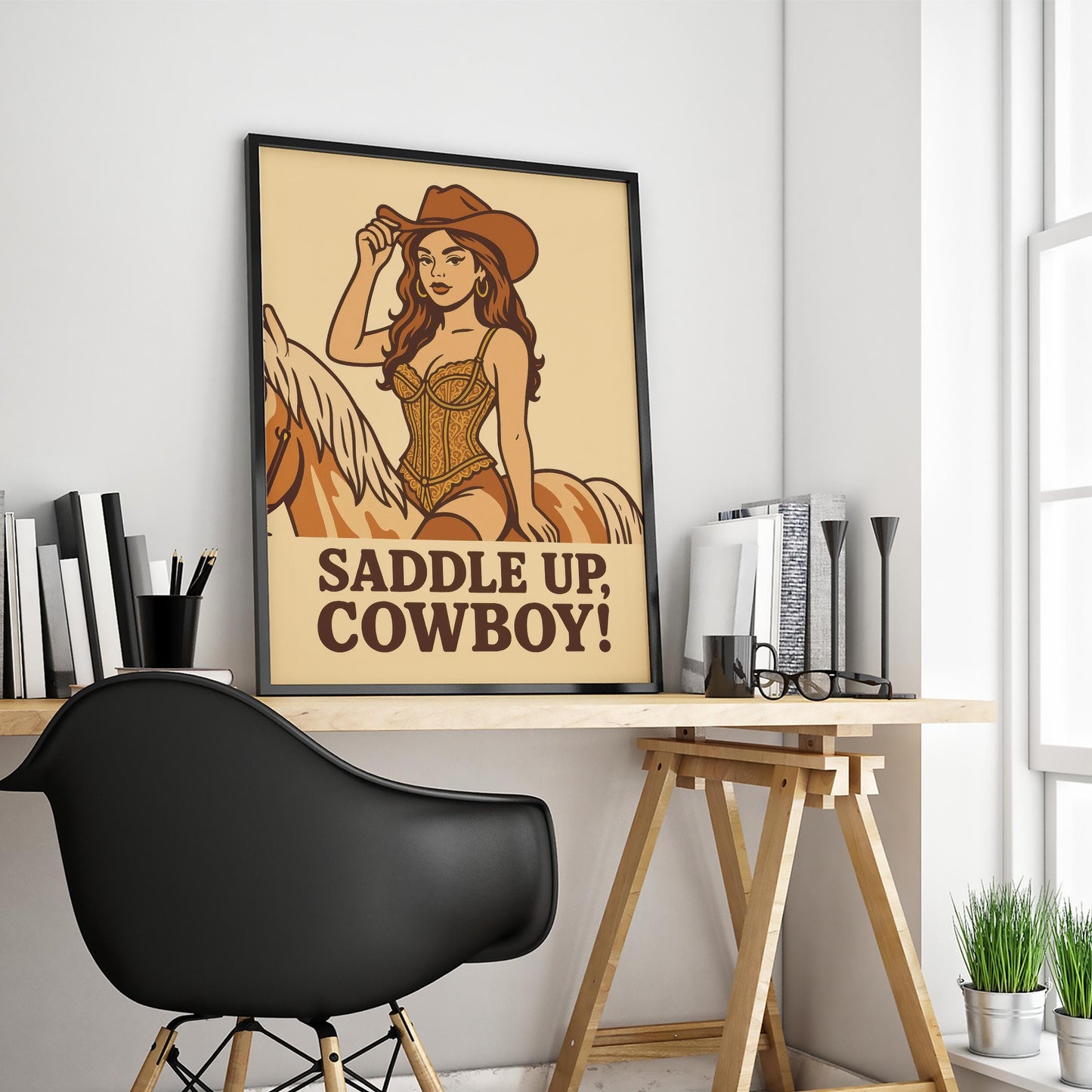 Saddle Up Cowboy Poster – Sexy Pin-Up Cowgirl Wall Art