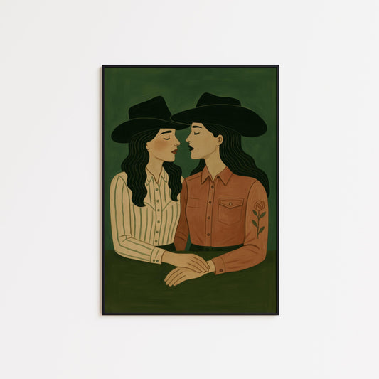 Cowgirl Lovers Poster – Queer Western Art With Rose Embroidery Detail