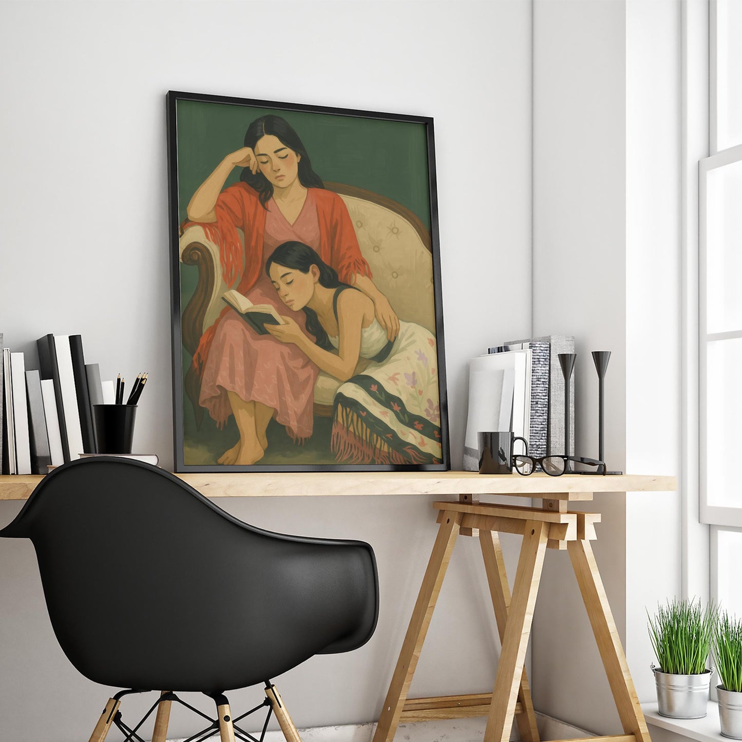 Sapphic Art Print – Soft Feminine Poster | Intimate Reading Moment Wall Decor