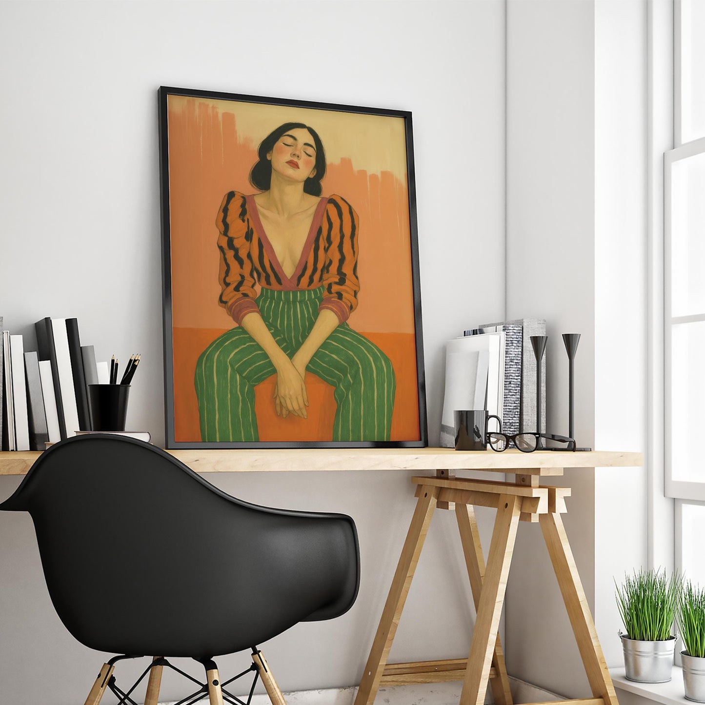 Modern Feminine Wall Art – Bold Woman Art | Striped Outfit Print, Earth Tone Decor