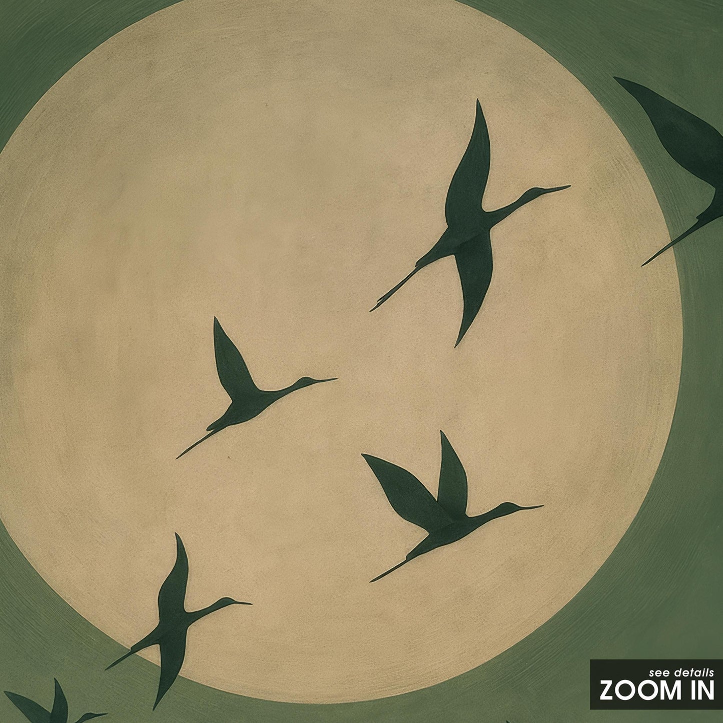 Minimalist Crane Moon Poster – Soothing Bird Wall Art in Green and Gold Tones
