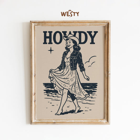 Beach Cowgirl Poster – Retro Western Wall Art With Soft Summer Vibes
