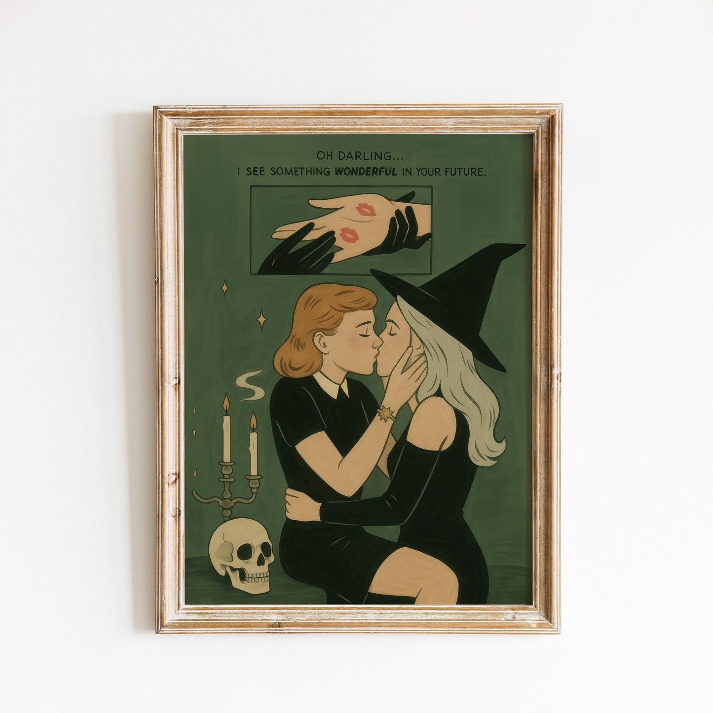 Witchy Lesbian Kiss Poster – Retro Comic Queer Love Wall Art with Occult Aesthetic