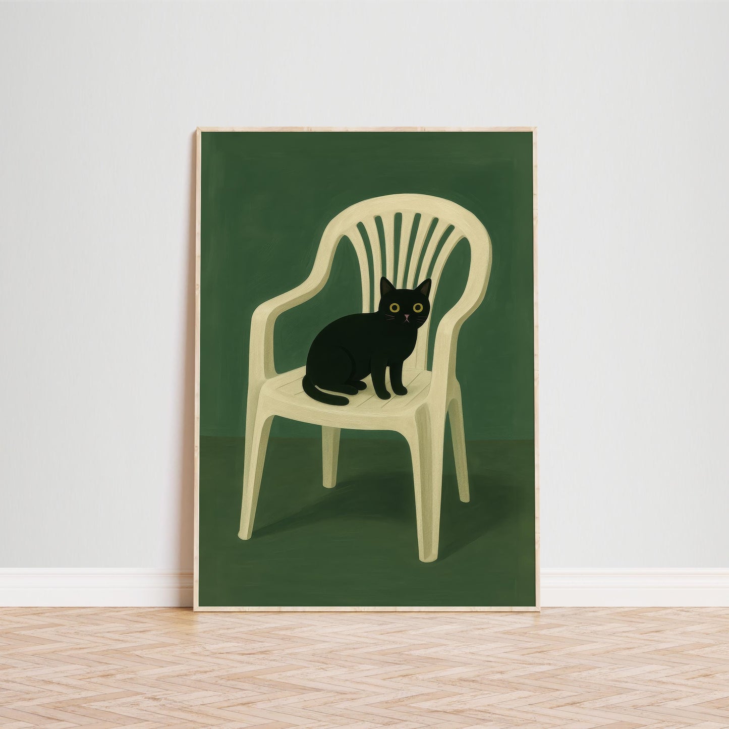 Black Cat Wall Art – Minimalist Animal Poster Print on Plastic Chair