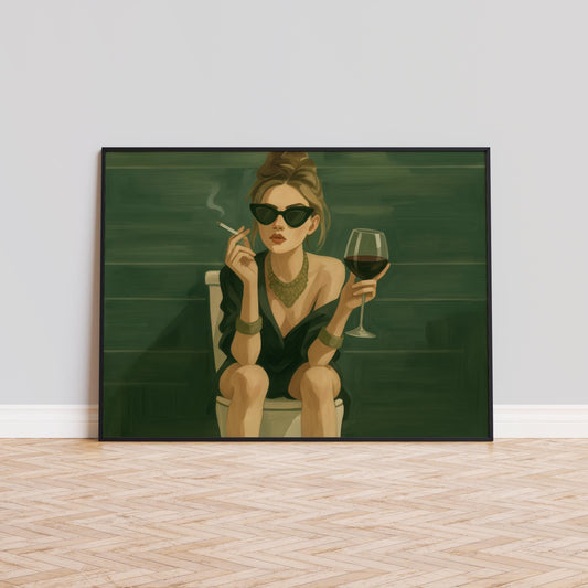Glam Woman Poster – Horizontal Feminine Wall Art With Wine Smoking Print