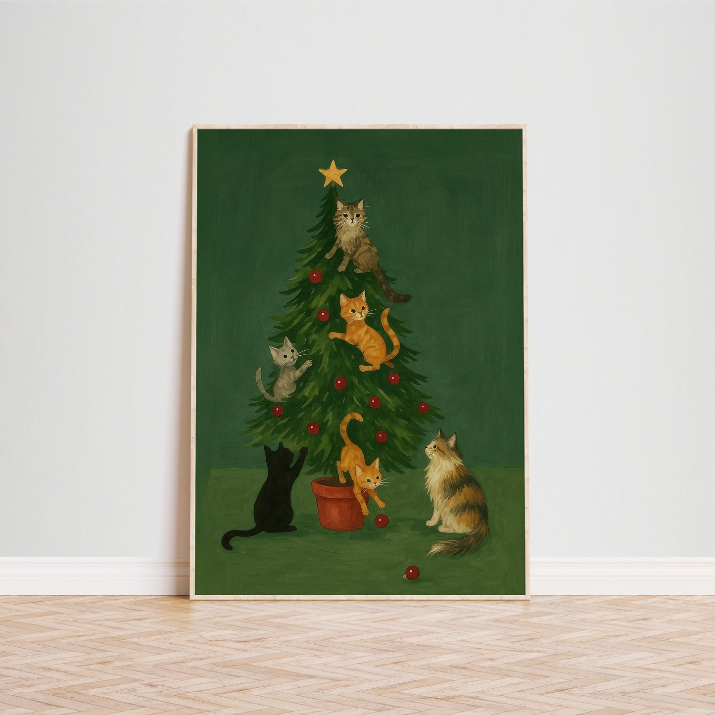 Christmas Cat Poster – Playful Multi-Cat Christmas Tree Holiday Wall Art