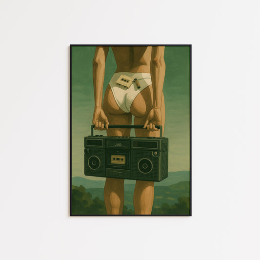 Retro Boombox Poster – Vintage Wall Art | Classic Cassette Print | Muted Green Decor