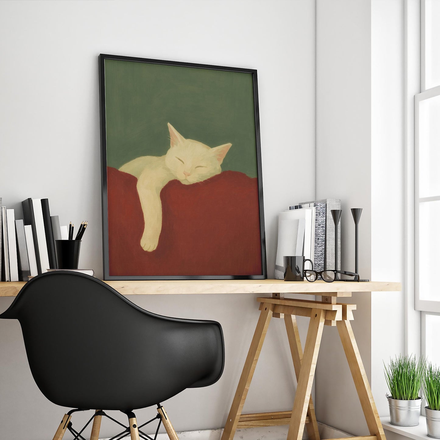 Sleeping Cat Poster – Cozy Wall Print With Gouache Cat Art, Minimal Home Decor