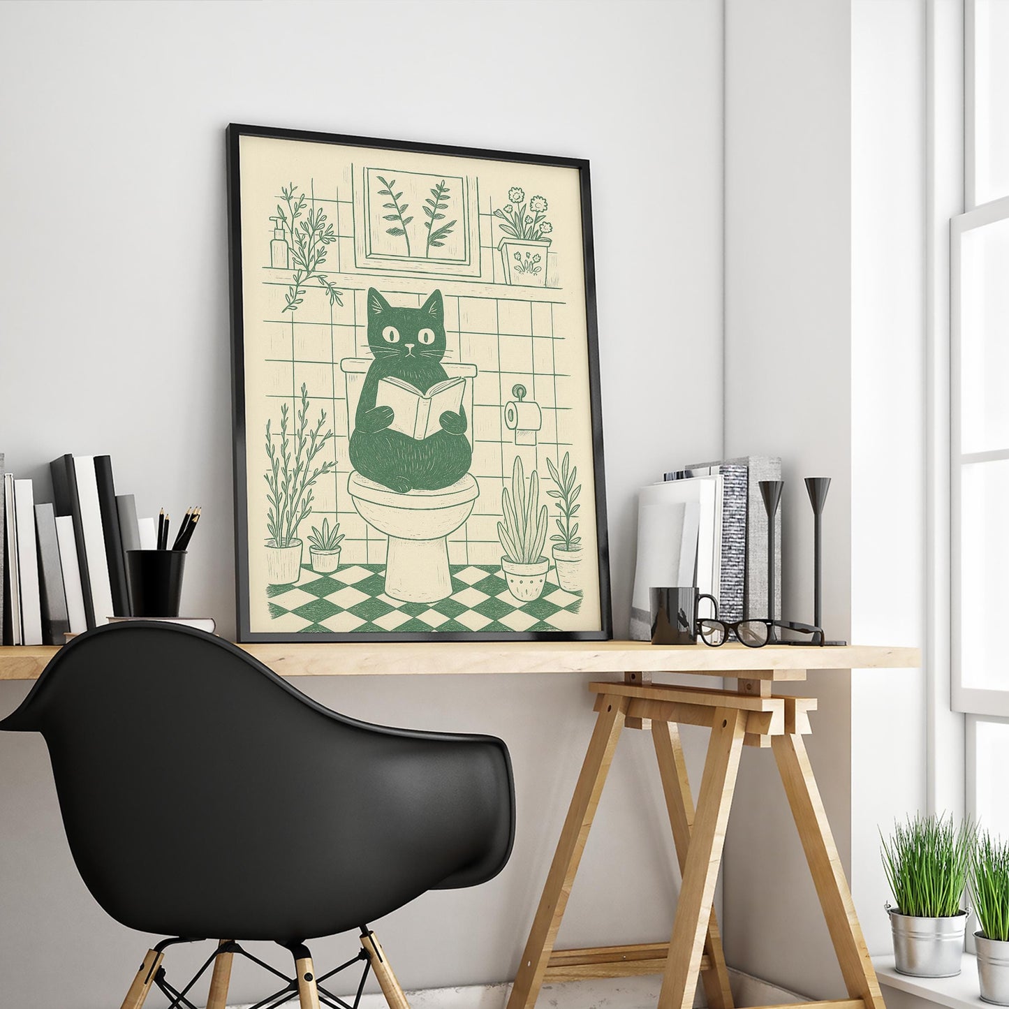 Bathroom Cat – Funny Minimal Line Art Poster, Cozy Bathroom Wall Decor