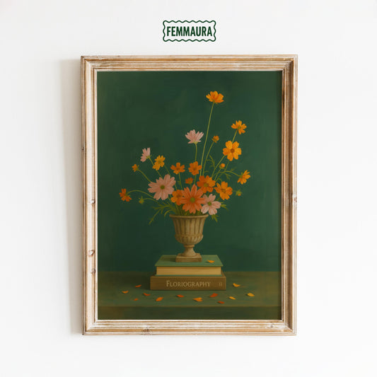 Vintage Botanical Wall Art – Floral Vase Poster With Orange Pink Flowers
