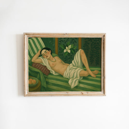 Sensual Vintage Wall Art – Reclining Nude Art with Green Botanical Decor